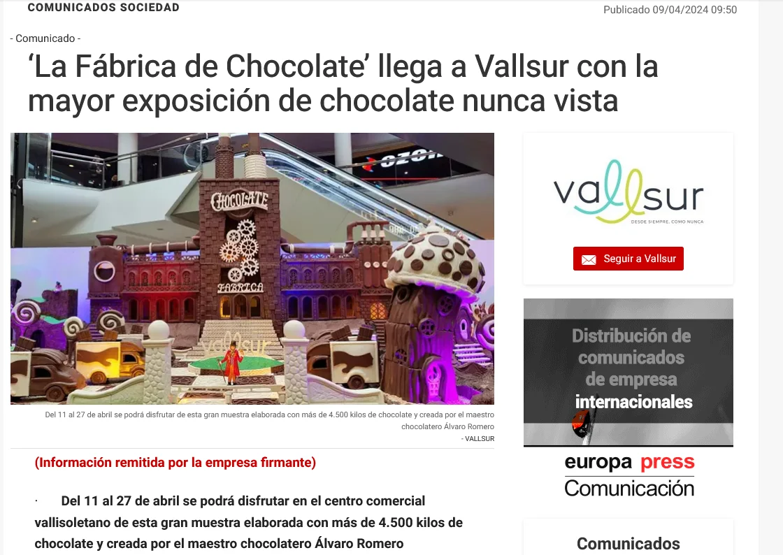 ‘La Fábrica de Chocolate’ llega a Vallsur con la mayor exposición de chocolate nunca vista